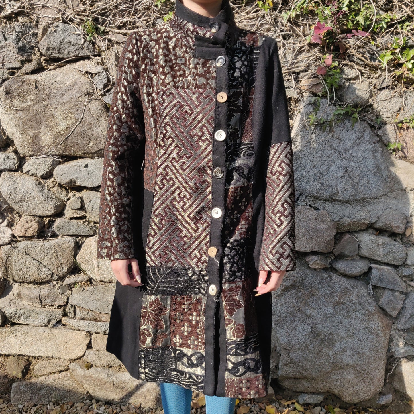 Izabel Vintage Black Brown Patchwork Embroidered Trench Coat Jacket Women Large