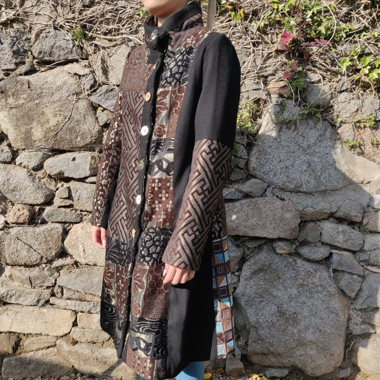 Izabel Vintage Black Brown Patchwork Embroidered Trench Coat Jacket Women Large