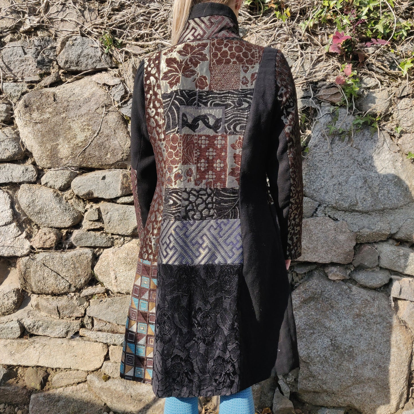 Izabel Vintage Black Brown Patchwork Embroidered Trench Coat Jacket Women Large