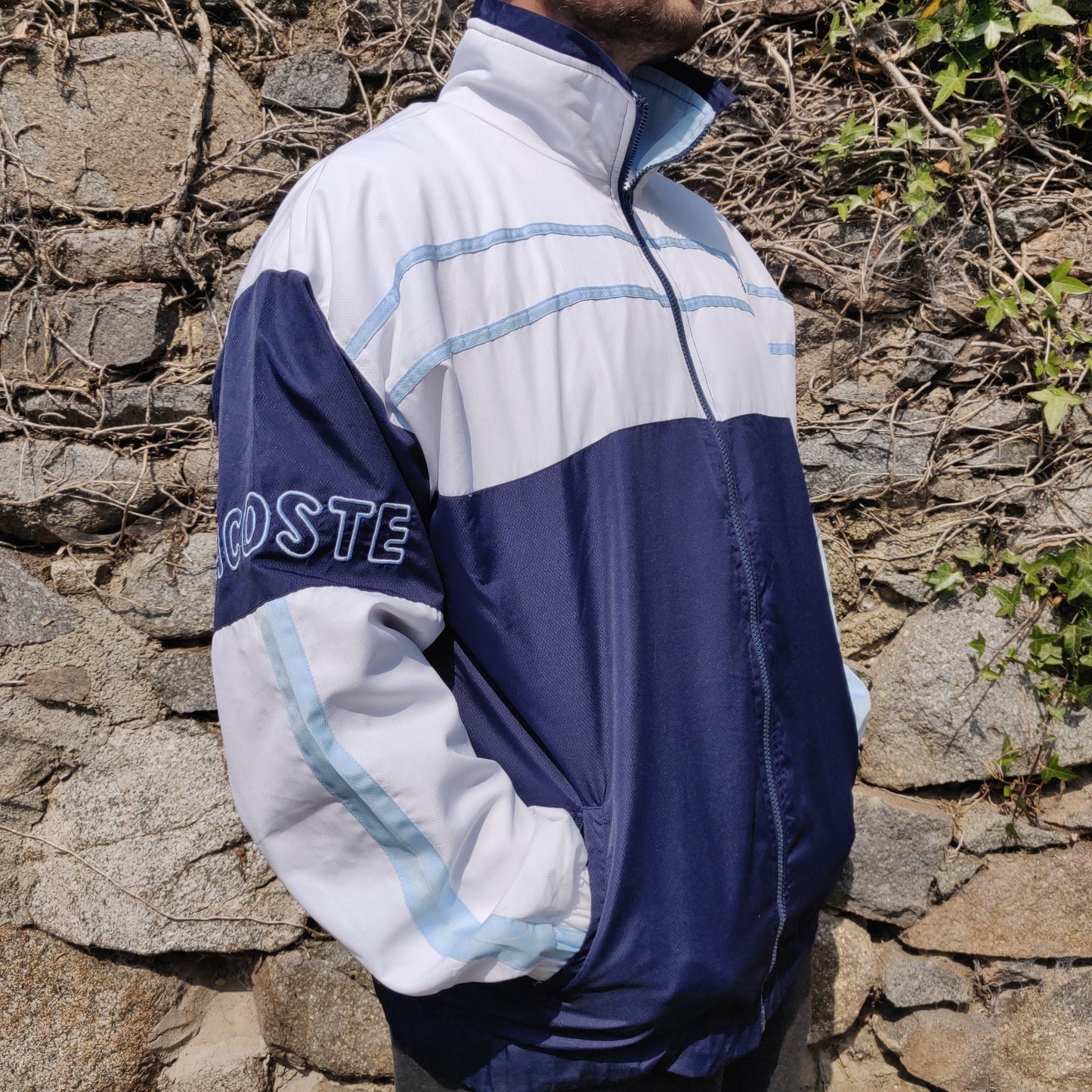 Lacoste Vintage Blue White Windbreaker Track Top Jacket Men Size XXL