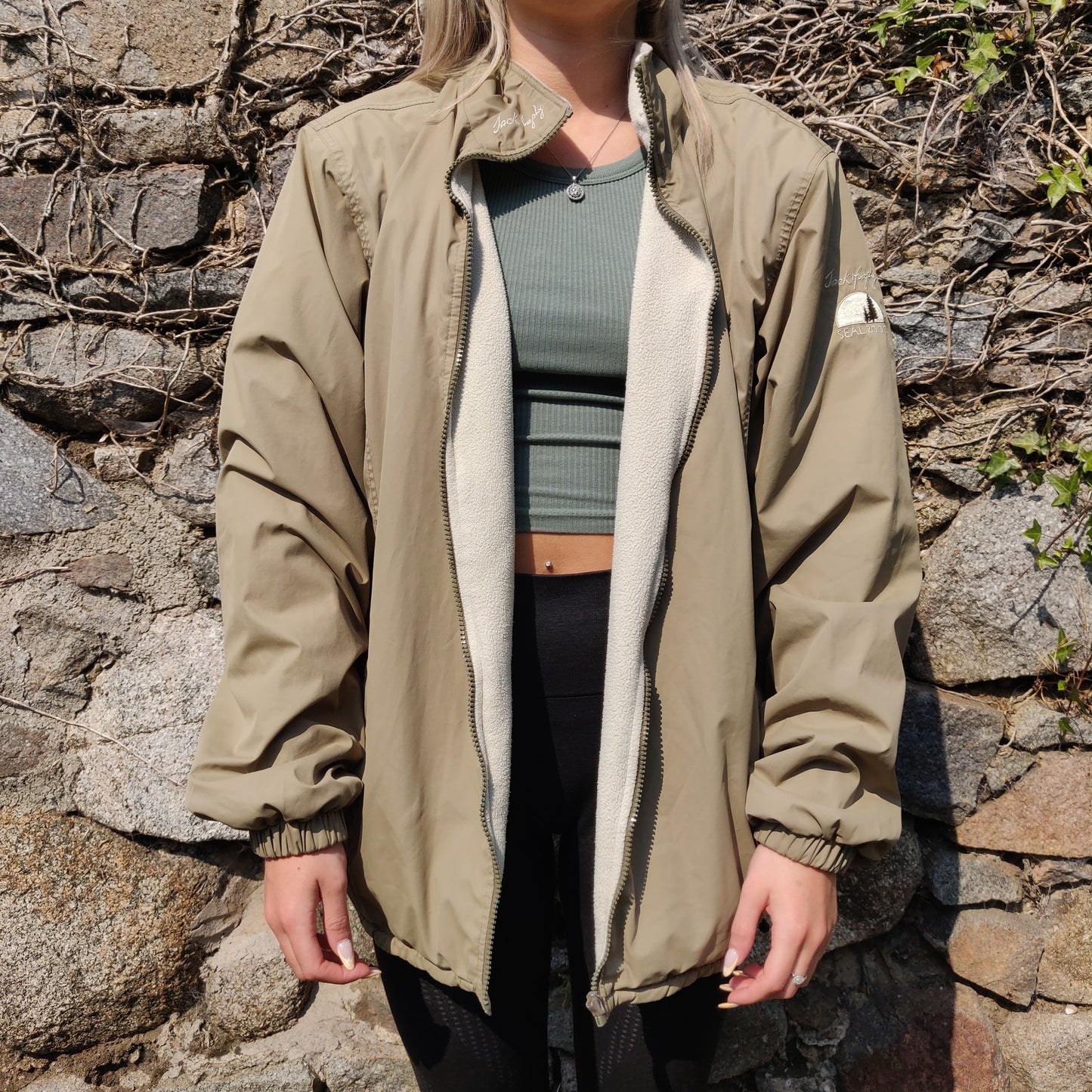 Jack Murphy Vintage Y2K 00s Beige White Reversible Fleece Jacket Women UK 12