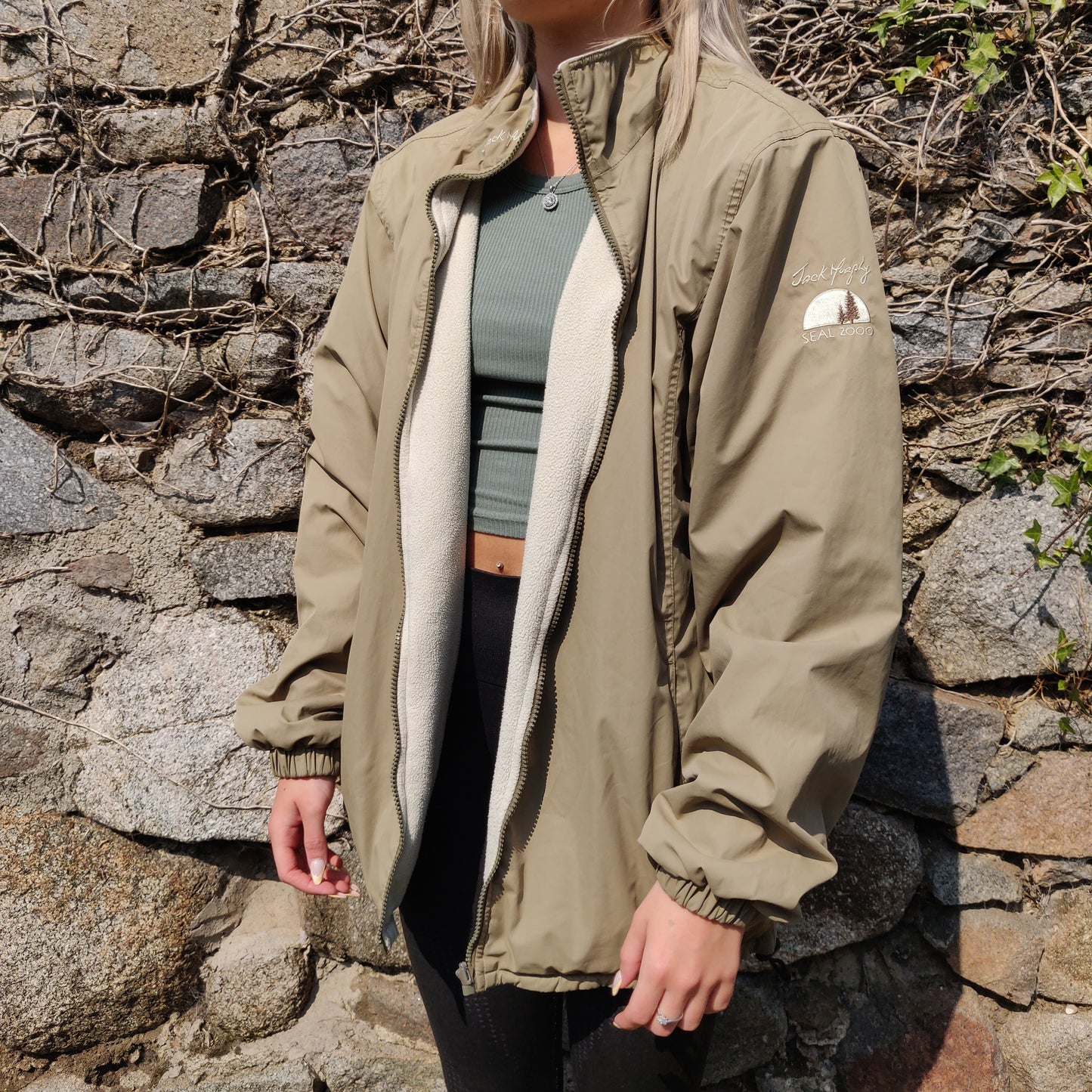 Jack Murphy Vintage Y2K 00s Beige White Reversible Fleece Jacket Women UK 12