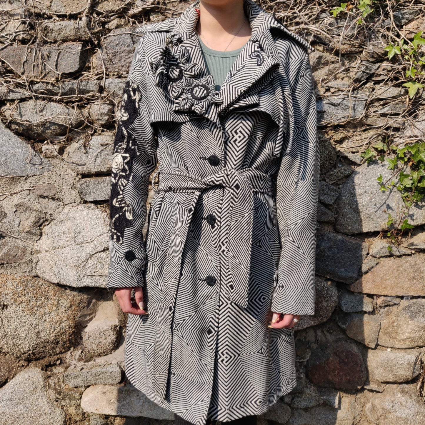 Desigual Grey Black White Striped Trench Coat Jacket Women Size Small EU 40