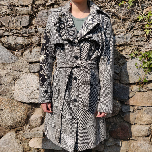 Desigual Grey Black White Striped Trench Coat Jacket Women Size Small EU 40