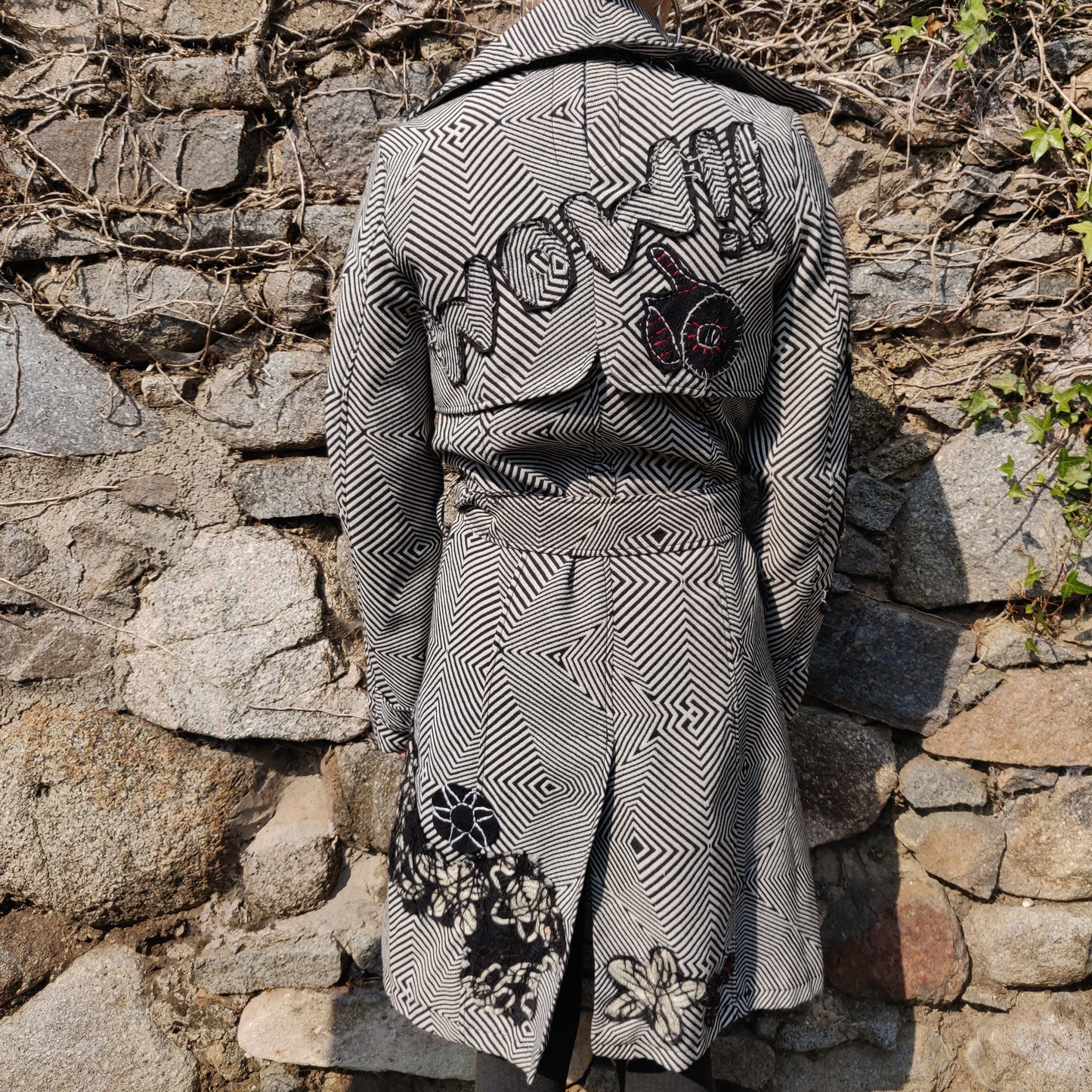 Desigual Grey Black White Striped Trench Coat Jacket Women Size Small EU 40