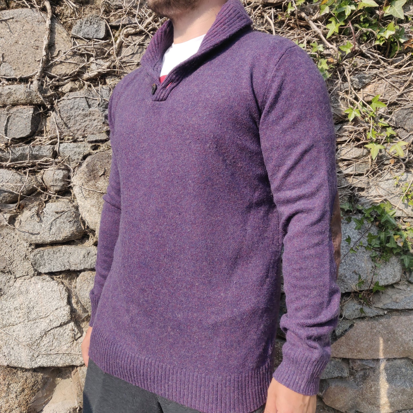Rocha John Rocha Purple Shawl Neck 1/4 Button Wool Pullover Jumper Men Size Large