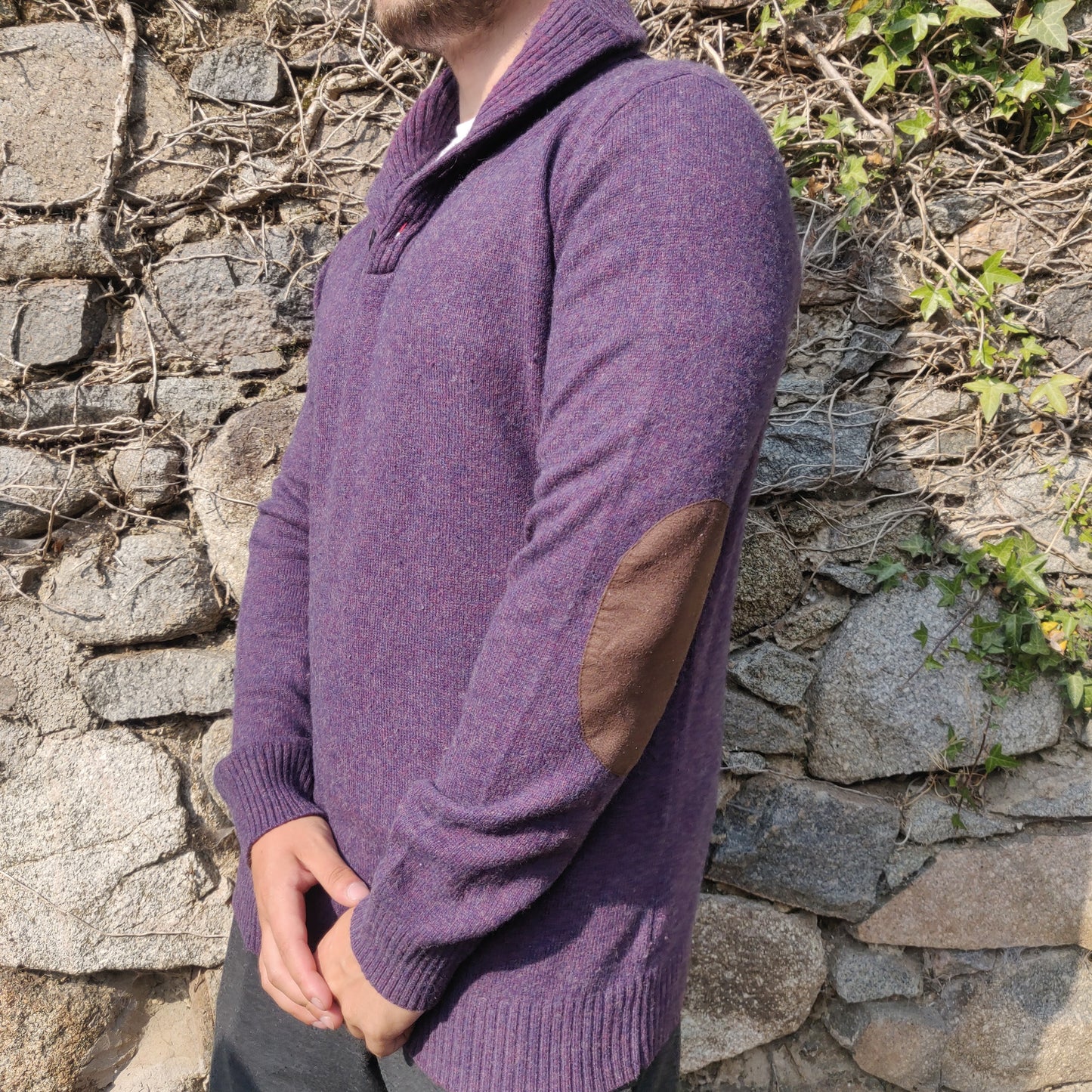 Rocha John Rocha Purple Shawl Neck 1/4 Button Wool Pullover Jumper Men Size Large