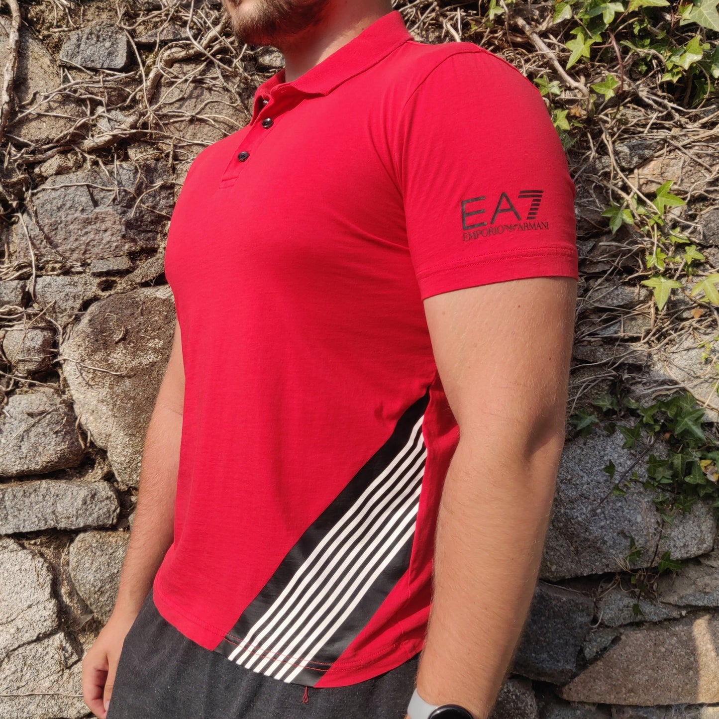 Emporio Armani EA7 Red Train 7 Lines ST Button Polo Shirt Men Size Medium ~ 6YPF59