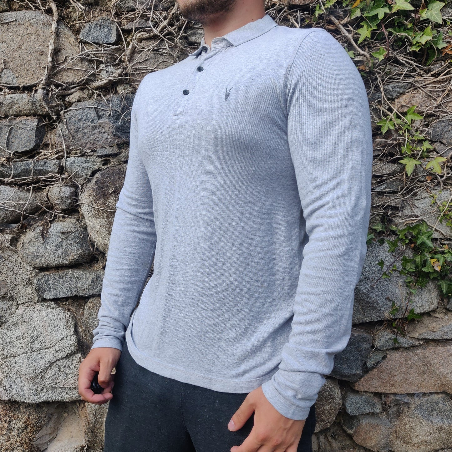 All Saints Grey Reform Ram Skull Long Sleeve Button Cotton Shirt Men Size Small