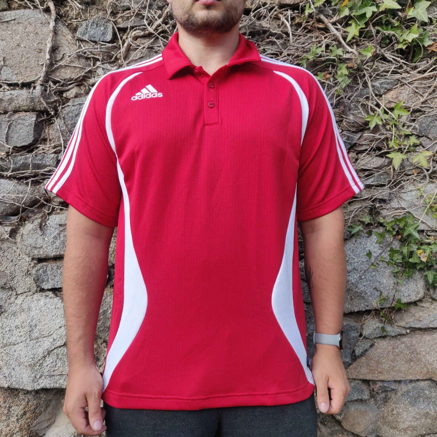 Adidas Vintage Red Short Sleeve Button Active wear Golf Polo Shirt Men Size Medium