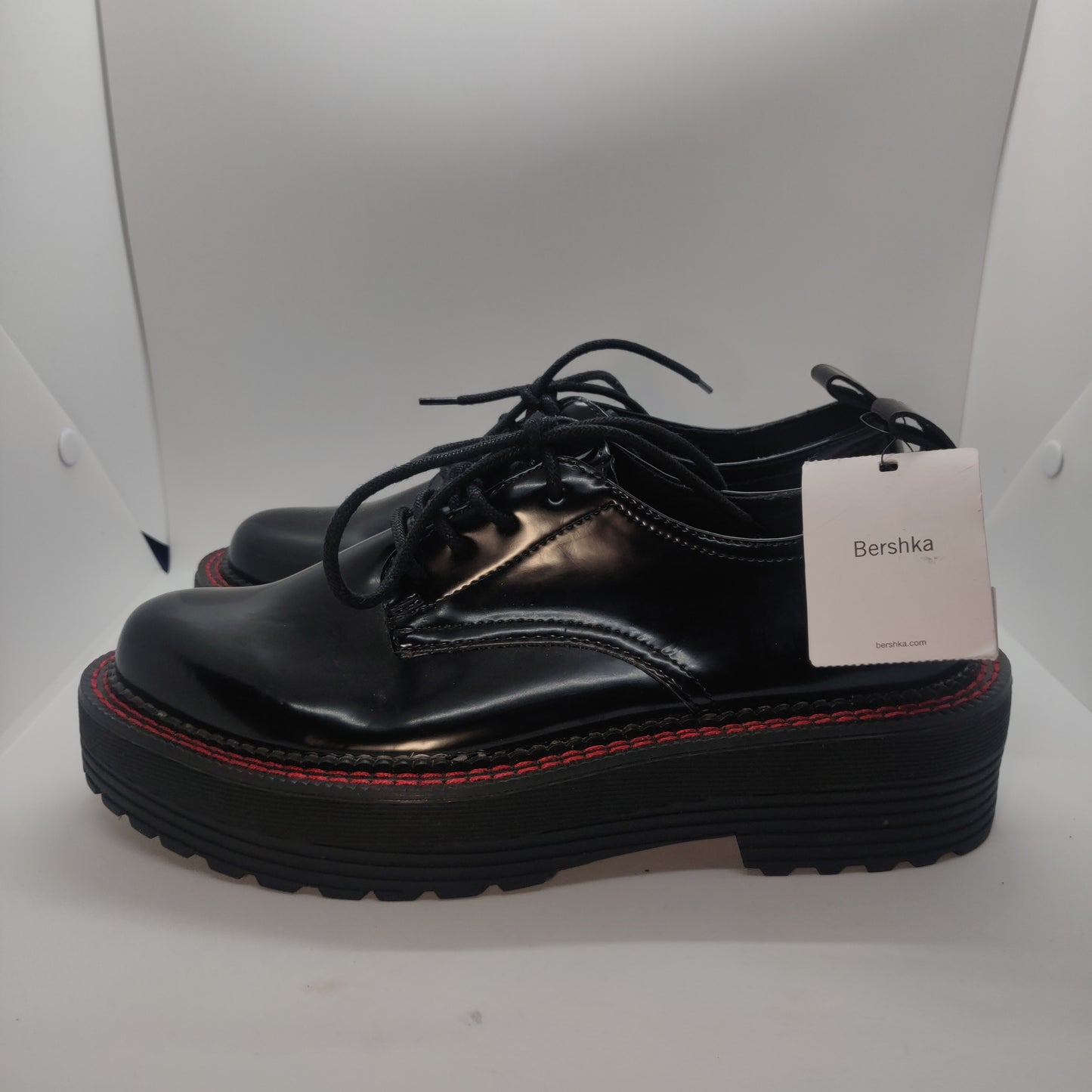 Bershka Shiny Black & Red Chunky Sole Casual Oxford Shoes Women UK 6 EU 39