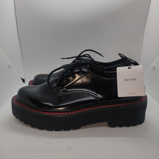 Bershka Shiny Black & Red Chunky Sole Casual Oxford Shoes Women UK 6 EU 39