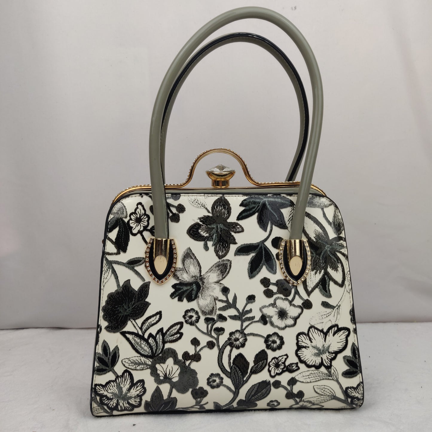 White Black Green Floral Flower Leather Gold Jewel Handbag Shoulder Bag Women