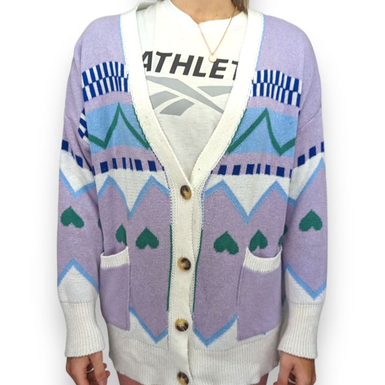 Vintage Love Heart Pattern Purple Knitted Sweater Cardigan Women Size Medium