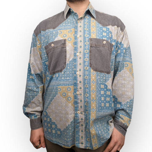Eclectic Vintage Blue Grey Geometric Floral Denim Shirt Men Size Large
