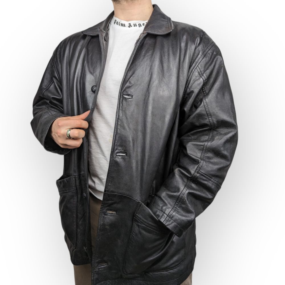 Modern Classic Black Button Up Leather Coat Men Size Large