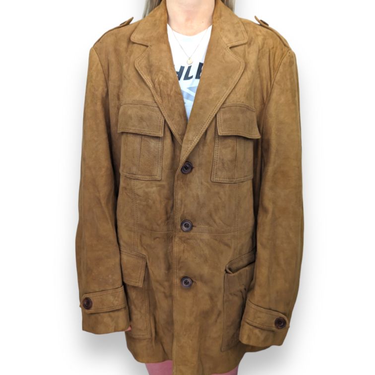 St Michael Brown Button Suede Leather Coat Jacket Women Size Large