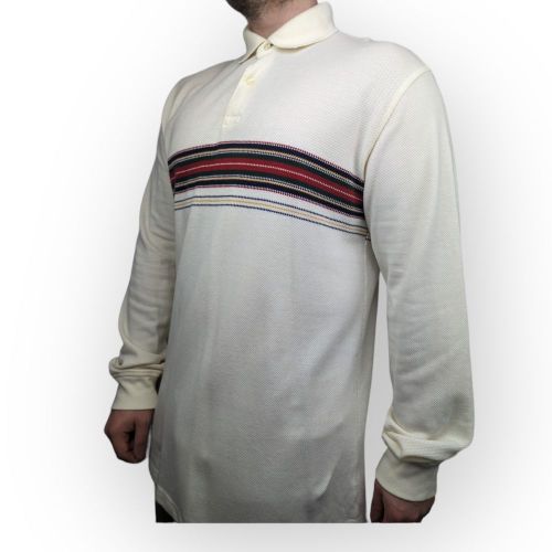 Tommy Hilfiger Vintage White Long Sleeve Cotton Polo Shirt Men Size Large