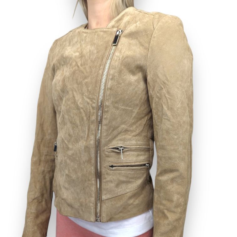 MNG Beige Pig Skin Suede Leather Biker Jacket Women Size Small