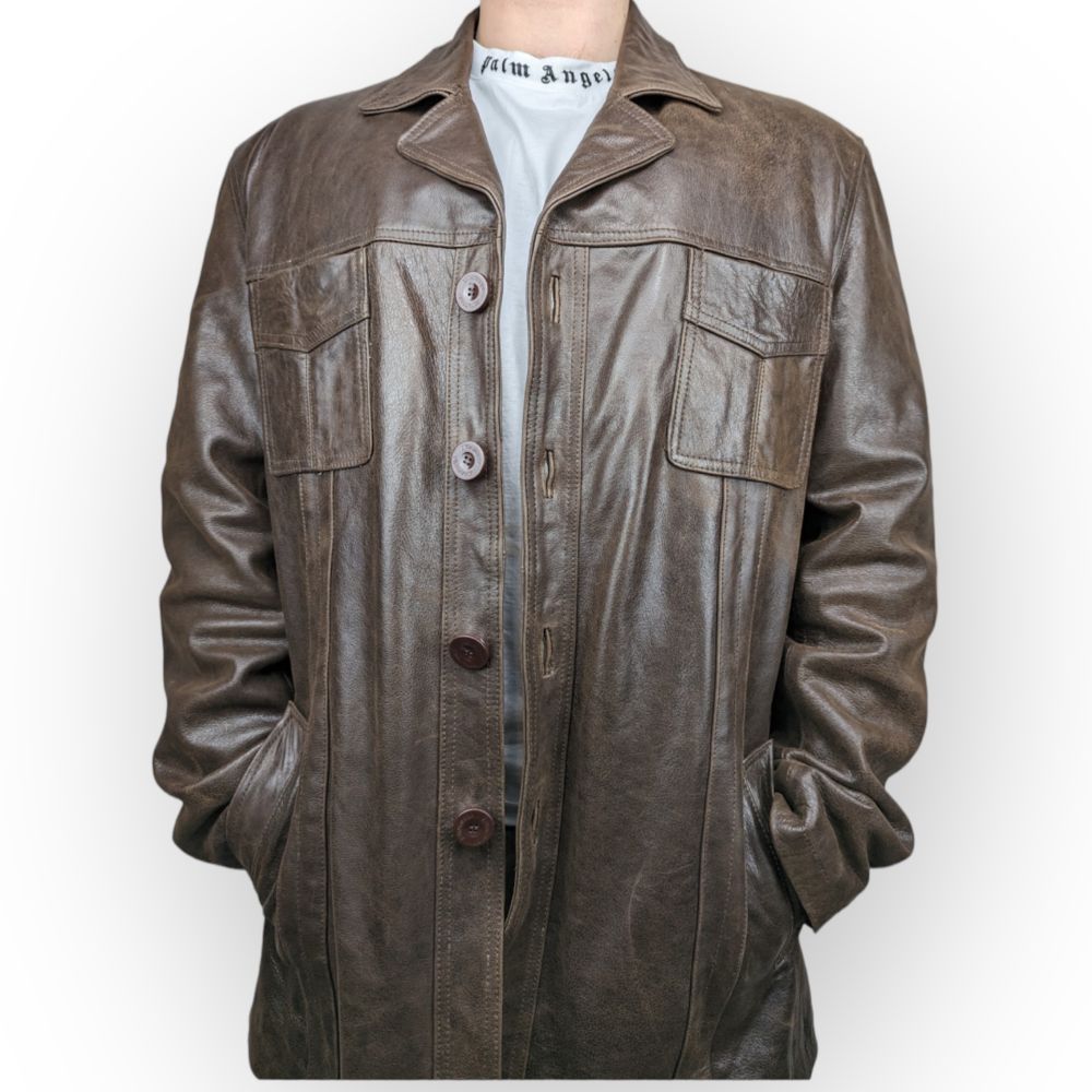 Aviatrix Vintage Brown Button Up Leather Coat Jacket Men Size XL