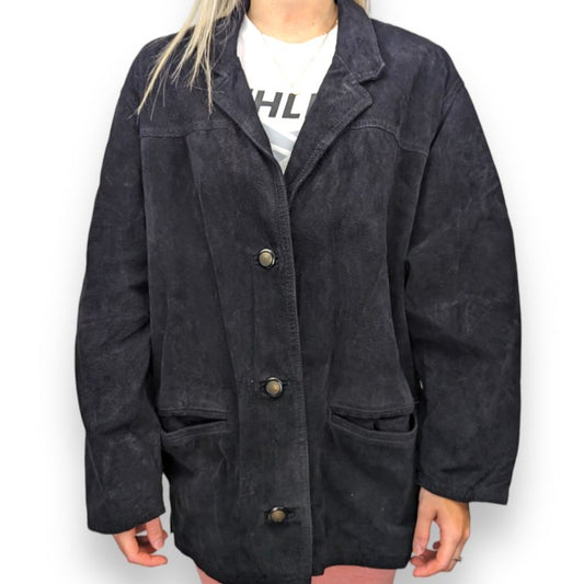 Gapelle Vintage Black Suede Leather Overcoat Coat Women Size Medium