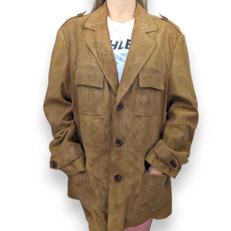 St Michael Brown Button Suede Leather Coat Jacket Women Size Large