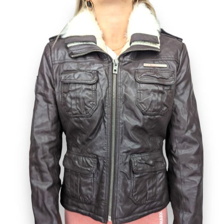 Superdry Brown Faux Fur Lined Biker Faux Leather Jacket Women Small