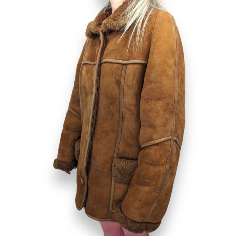 Roza Vintage Brown Button Fur Lined Suede Leather Long Coat Women Size Large