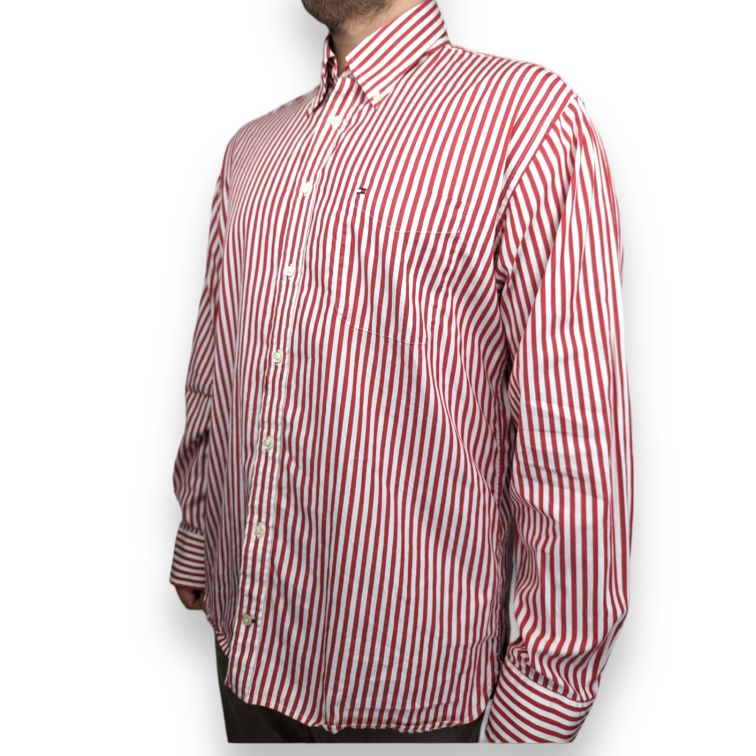 Tommy Hilfiger Red 80s Two Ply Cotton Long Sleeve Striped Shirt Men Size XL