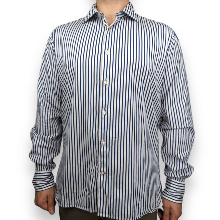 Tommy Hilfiger Blue White 80s Two Ply Long Sleeve Striped Shirt Men Size Large