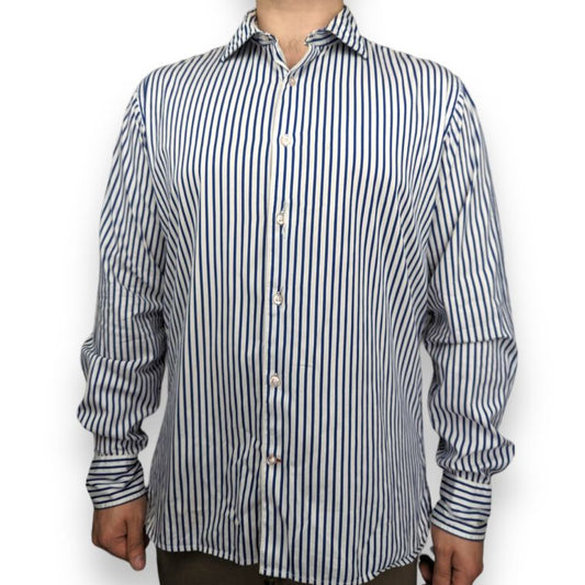 Tommy Hilfiger Blue White 80s Two Ply Long Sleeve Striped Shirt Men Size Large