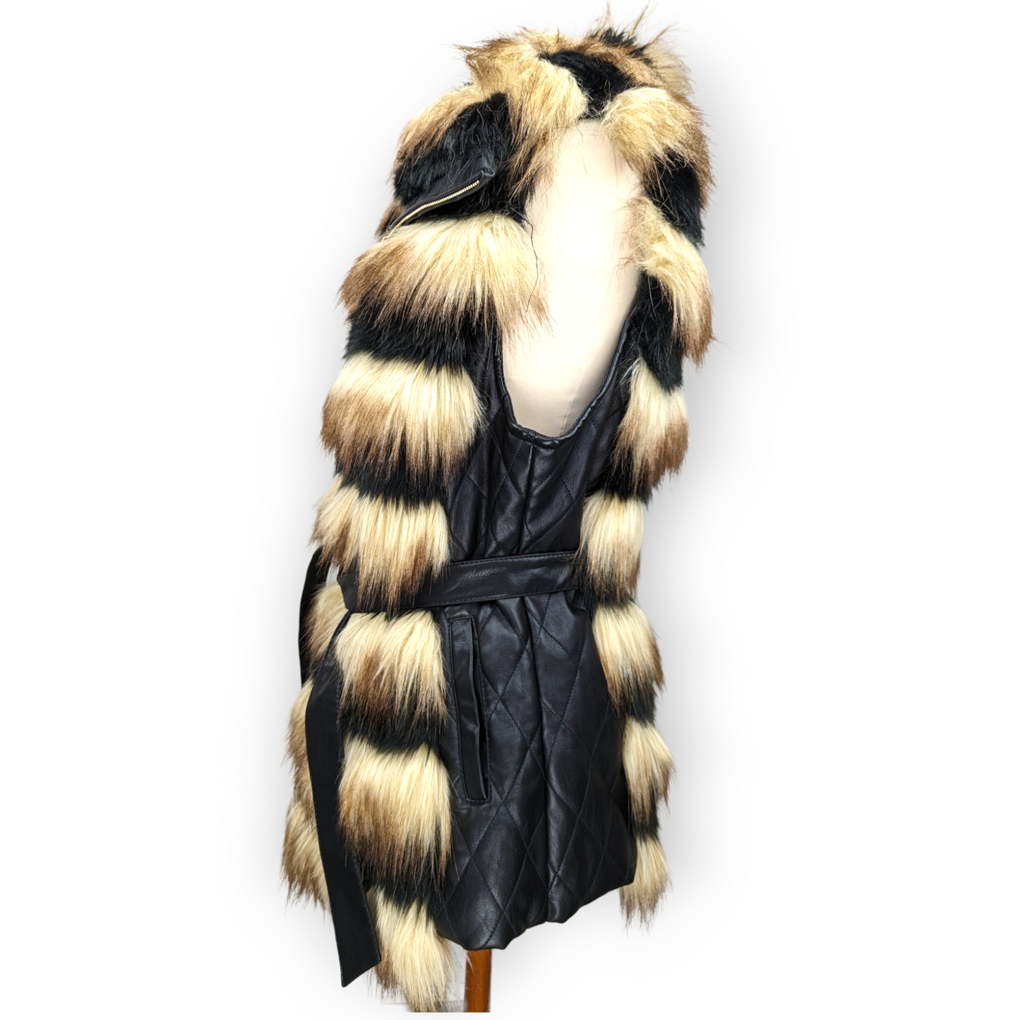 Fellymoon Black/Brown Leather Fur Gilet Vest Jacket Women Size XL