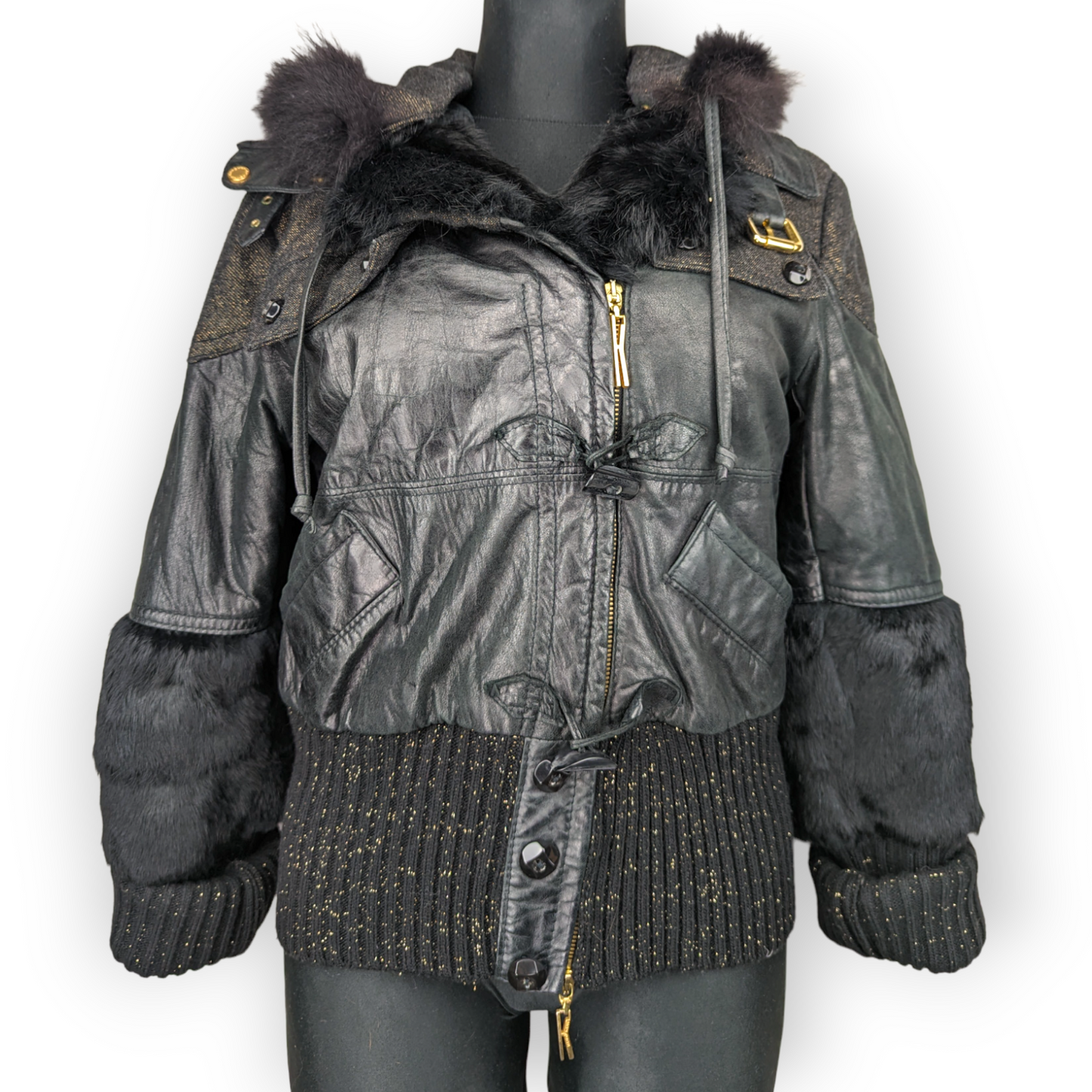 Kor@Kor Black Leather Biker Motorcycle Jacket Fur Lining Women Large (EU 46)