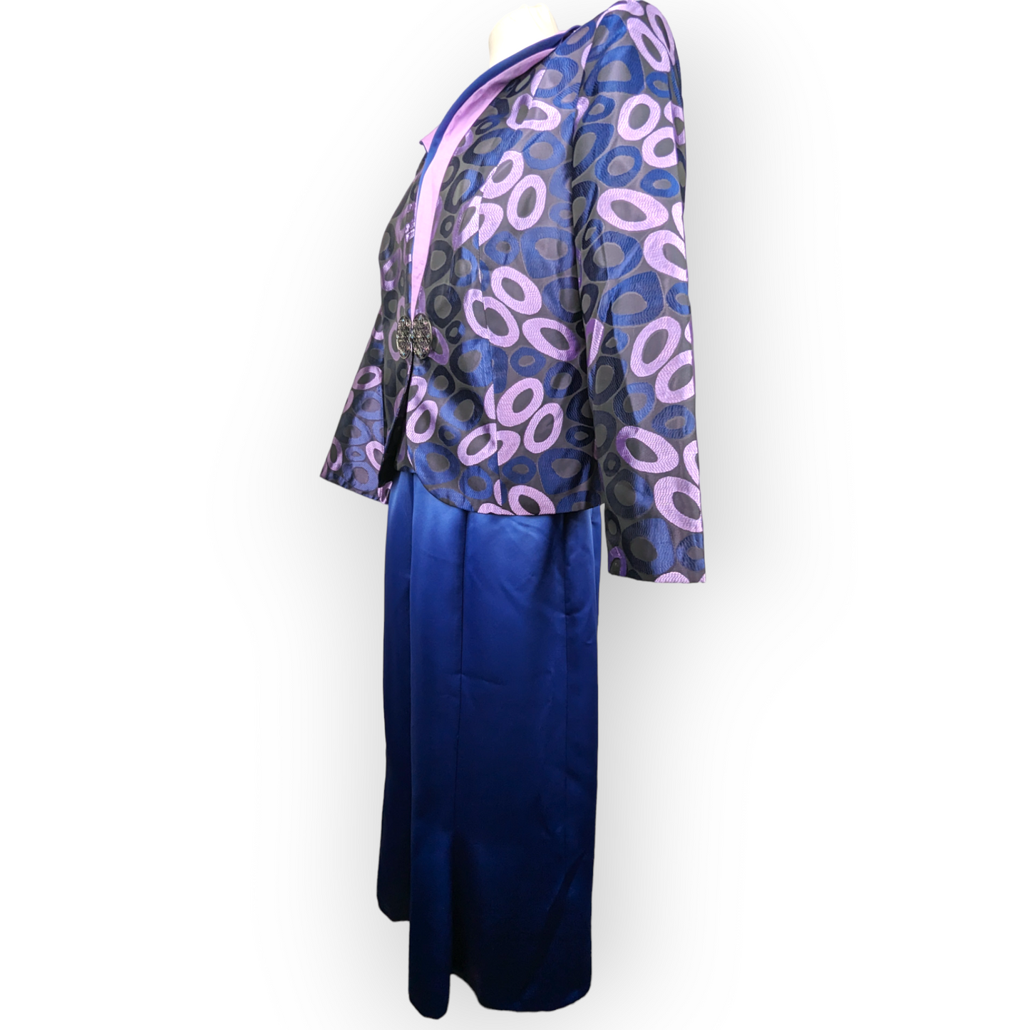 Jomhoy Blue Purple Floral 3 Piece Suit Blazer Jacket Top Skirt Dress Women Size 46