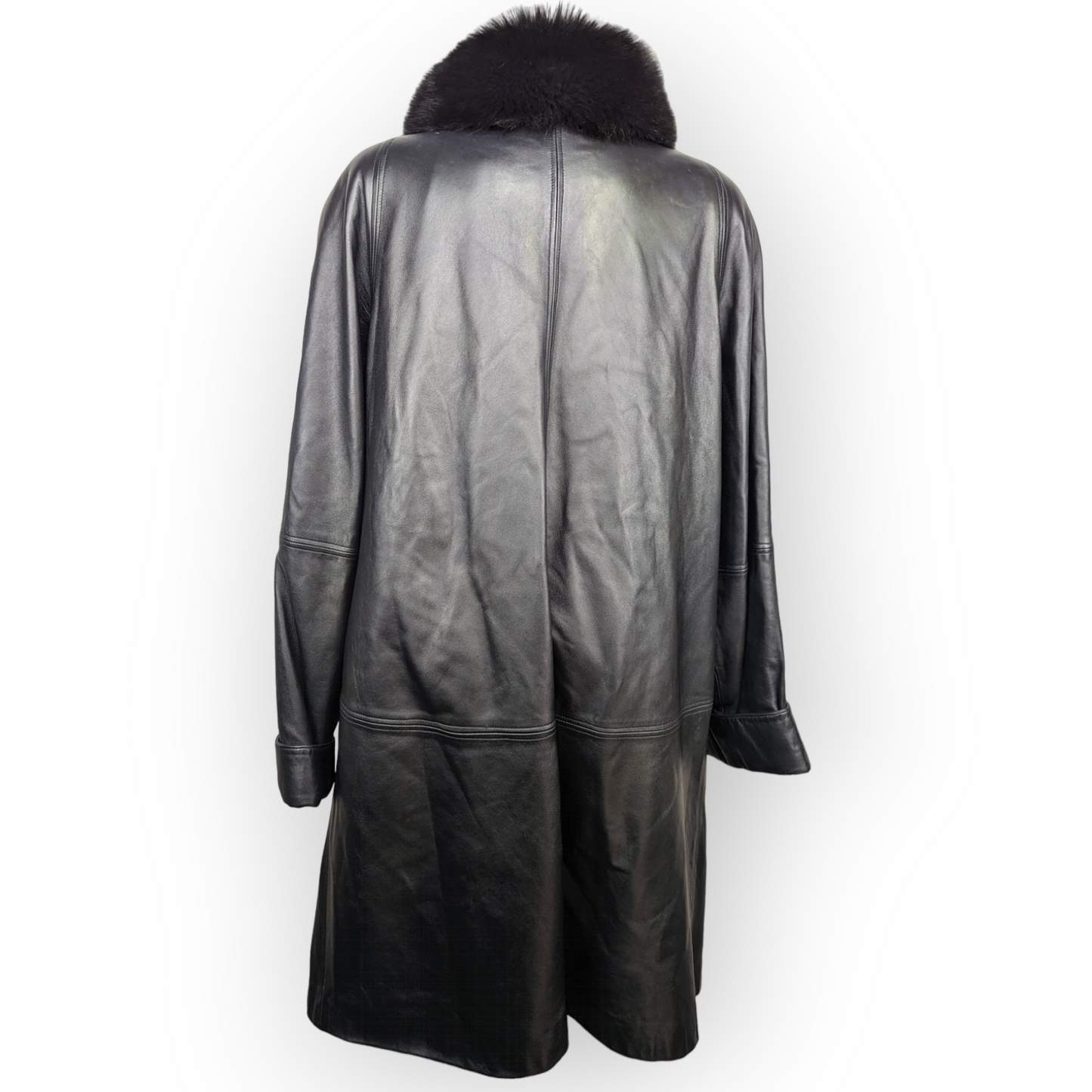 IV Quattro Stagioni Vintage Black Leather Coat Jacket Fur Collar Women UK 14
