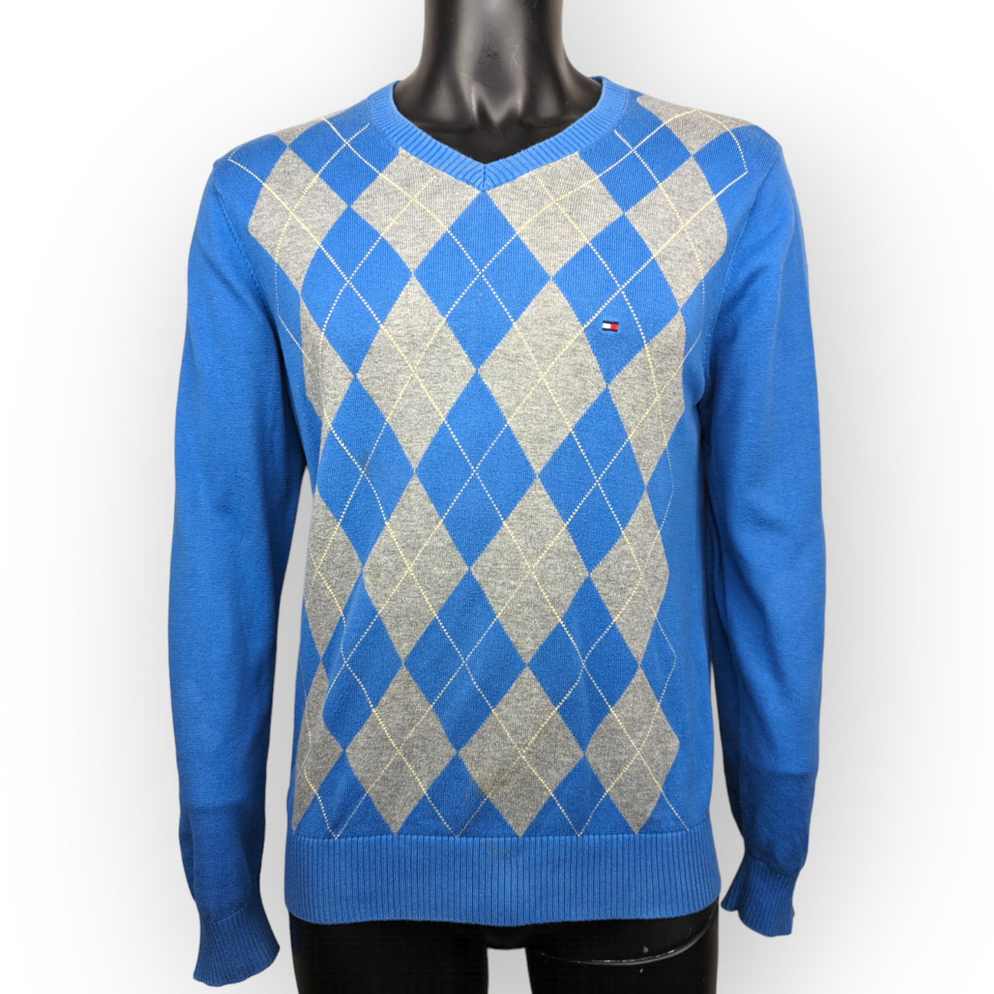 Tommy Hilfiger Blue Golf Diamond Checked V-Neck Sweater Jumper Men Medium