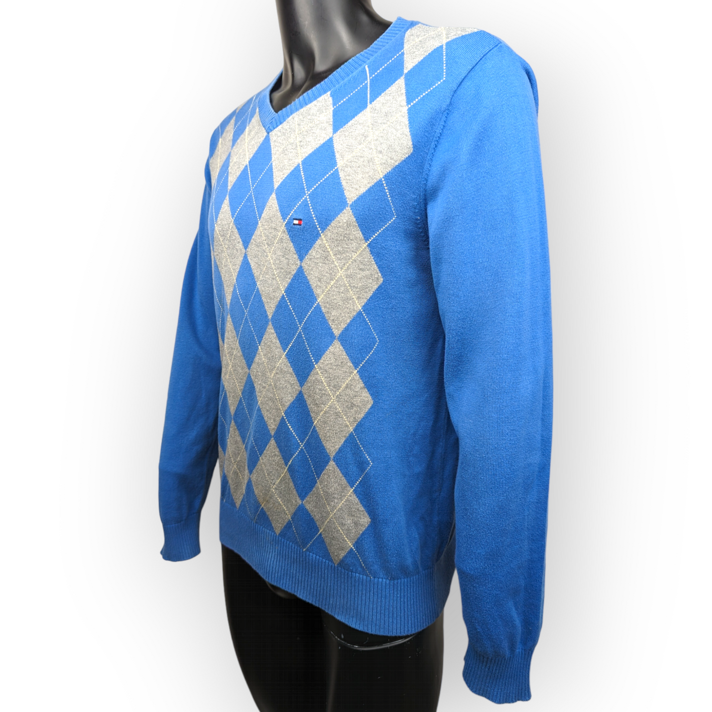 Tommy Hilfiger Blue Golf Diamond Checked V-Neck Sweater Jumper Men Medium