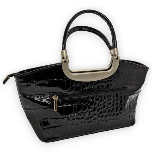 Vintage Black Leather Crocodile Structured Clutch Tote Handbag Women One Size