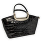 Vintage Black Leather Crocodile Structured Clutch Tote Handbag Women One Size