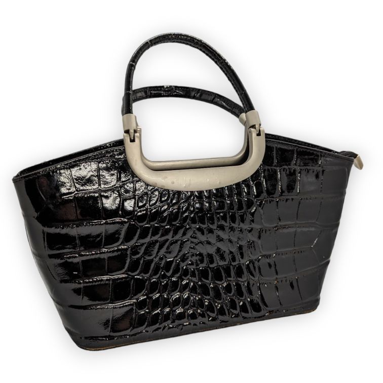 Vintage Black Leather Crocodile Structured Clutch Tote Handbag Women One Size