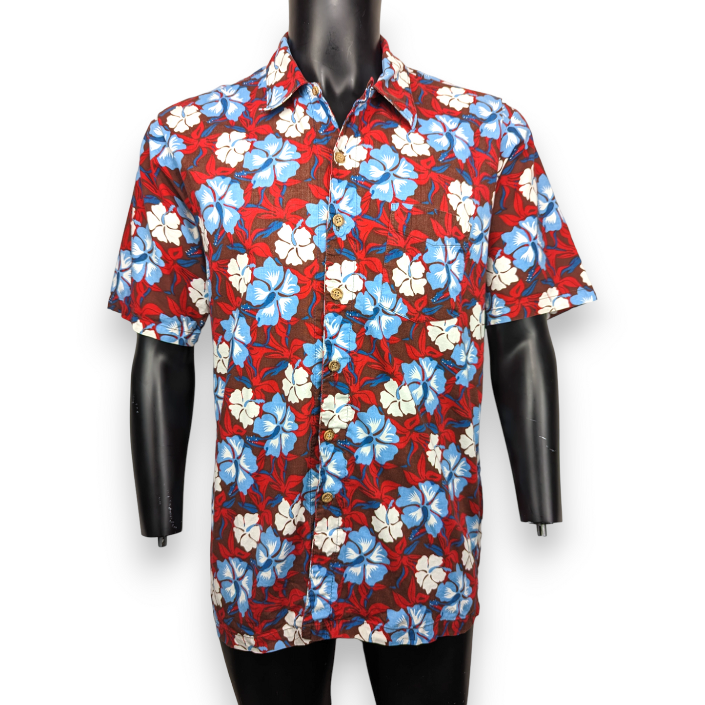 LE FROG Vintage Red Short Sleeve Floral Print Hawaiian Shirt Men Size Medium