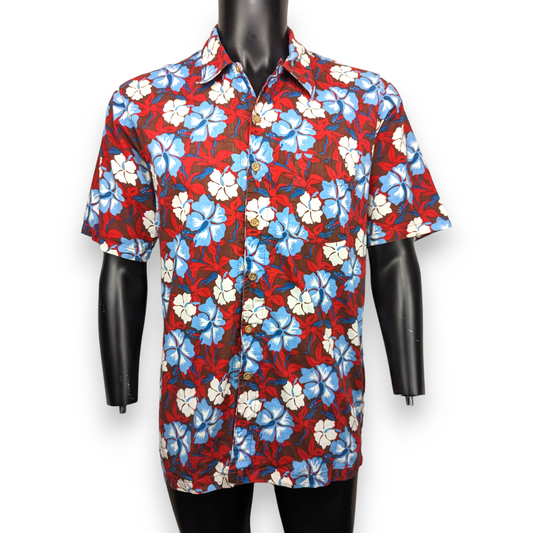 LE FROG Vintage Red Short Sleeve Floral Print Hawaiian Shirt Men Size Medium