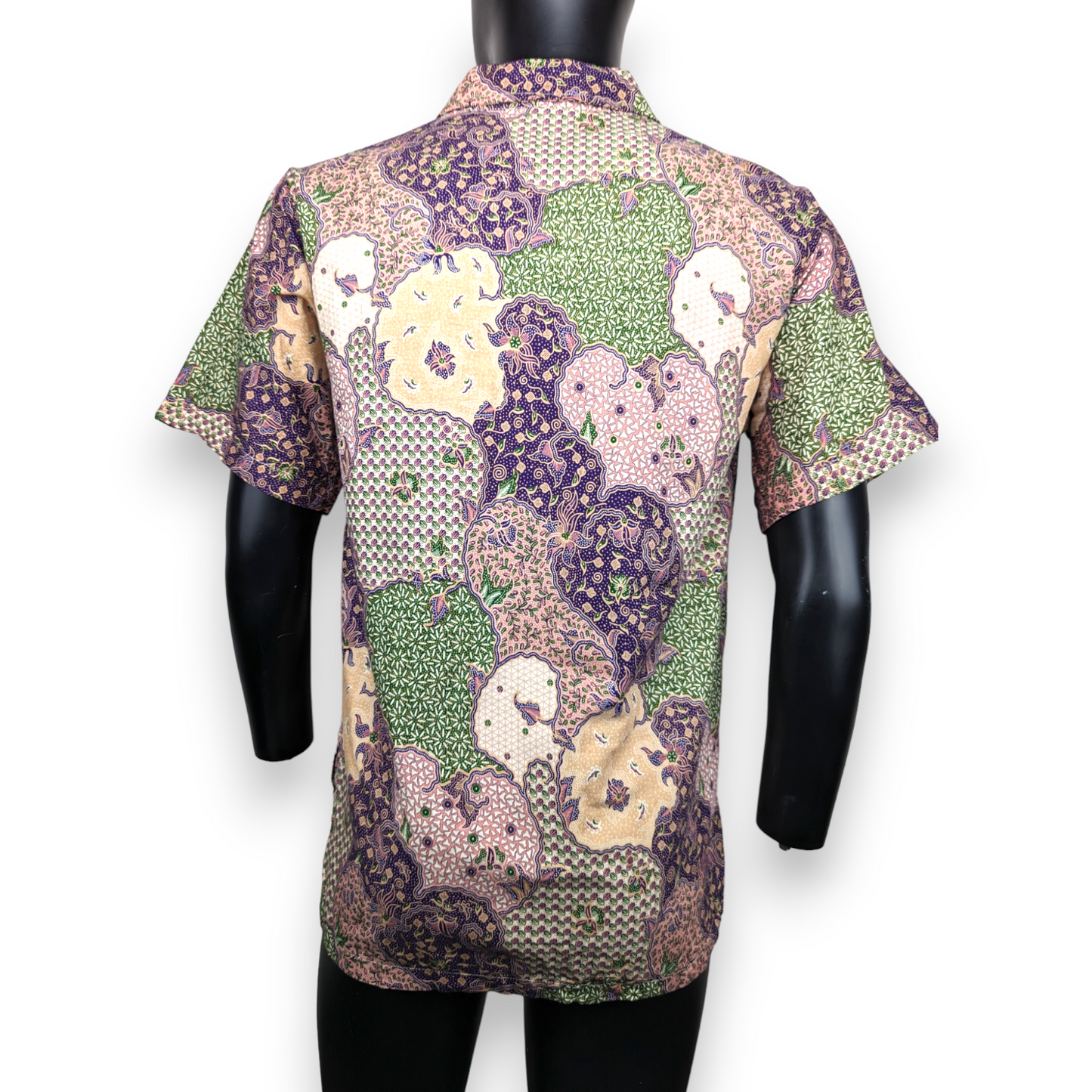 Vintage Multicolour Geometric Batik Short Sleeve Silk Shirt Men Size Medium