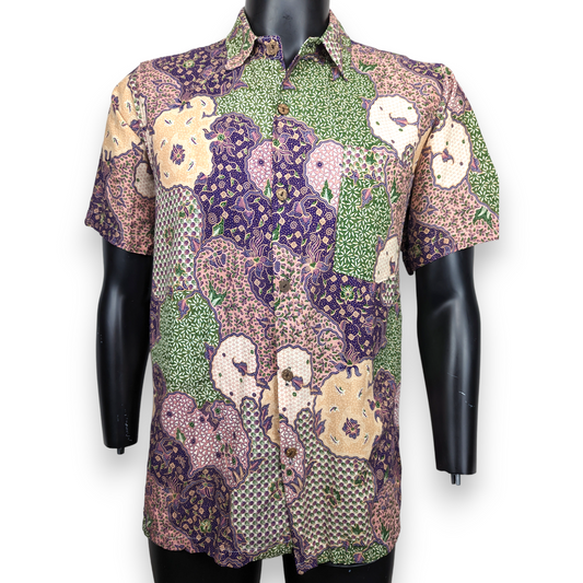Vintage Multicolour Geometric Batik Short Sleeve Silk Shirt Men Size Medium