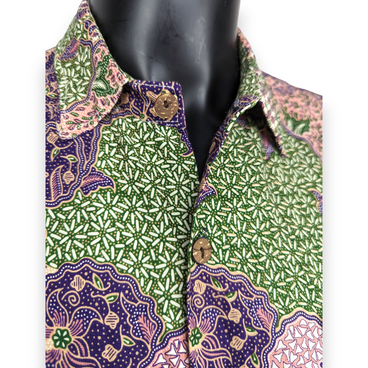 Vintage Multicolour Geometric Batik Short Sleeve Silk Shirt Men Size Medium