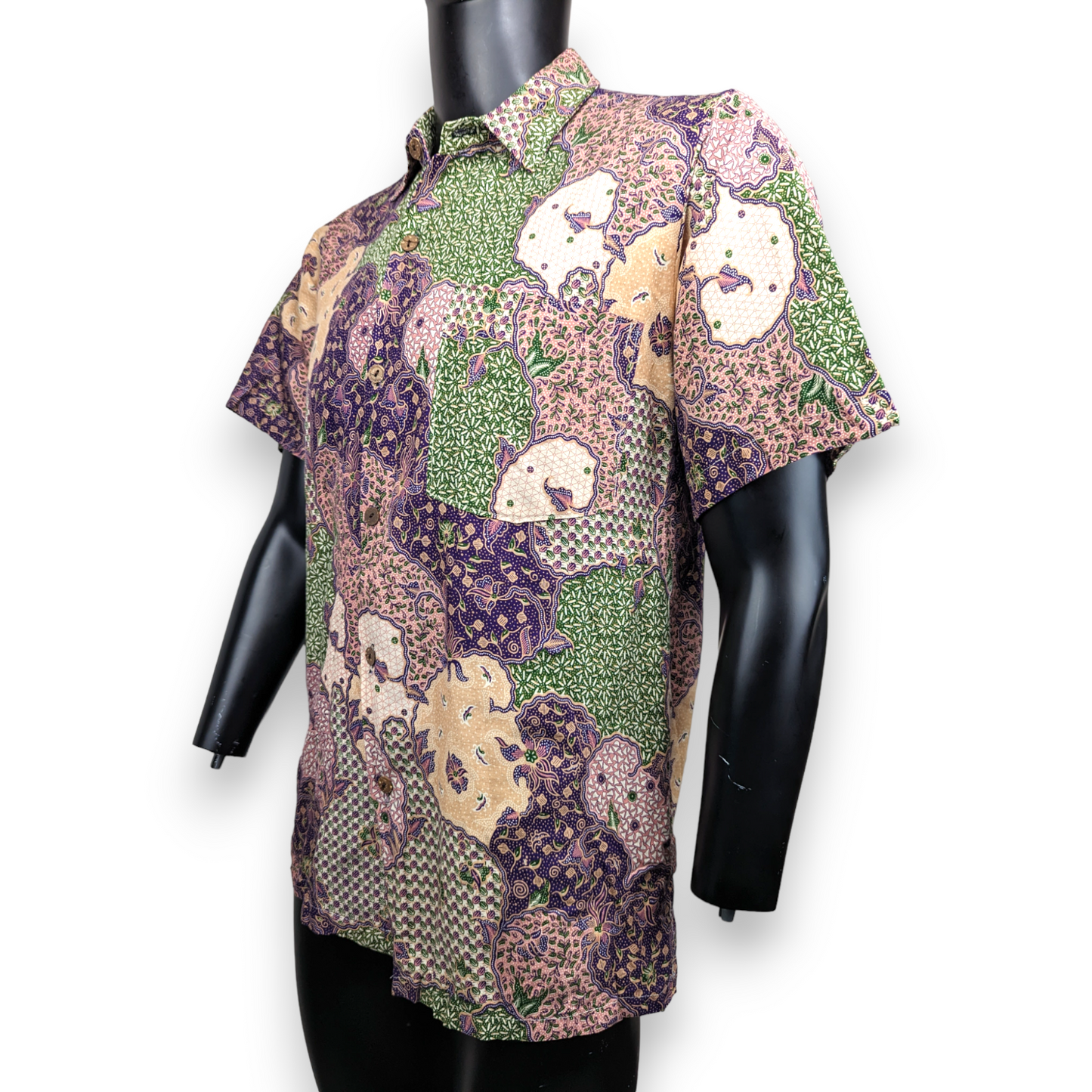 Vintage Multicolour Geometric Batik Short Sleeve Silk Shirt Men Size Medium