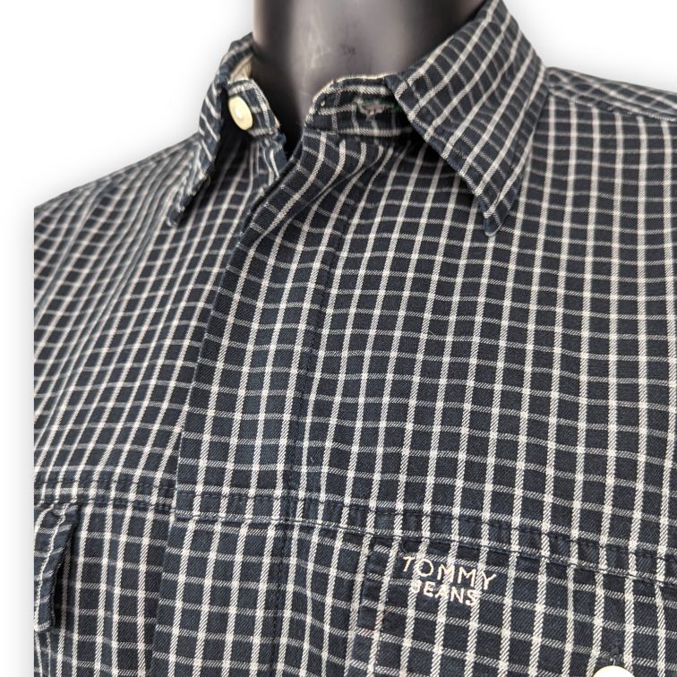 Tommy Jeans Vintage Black Checked Embroidered Long Sleeve Shirt Men Size Medium