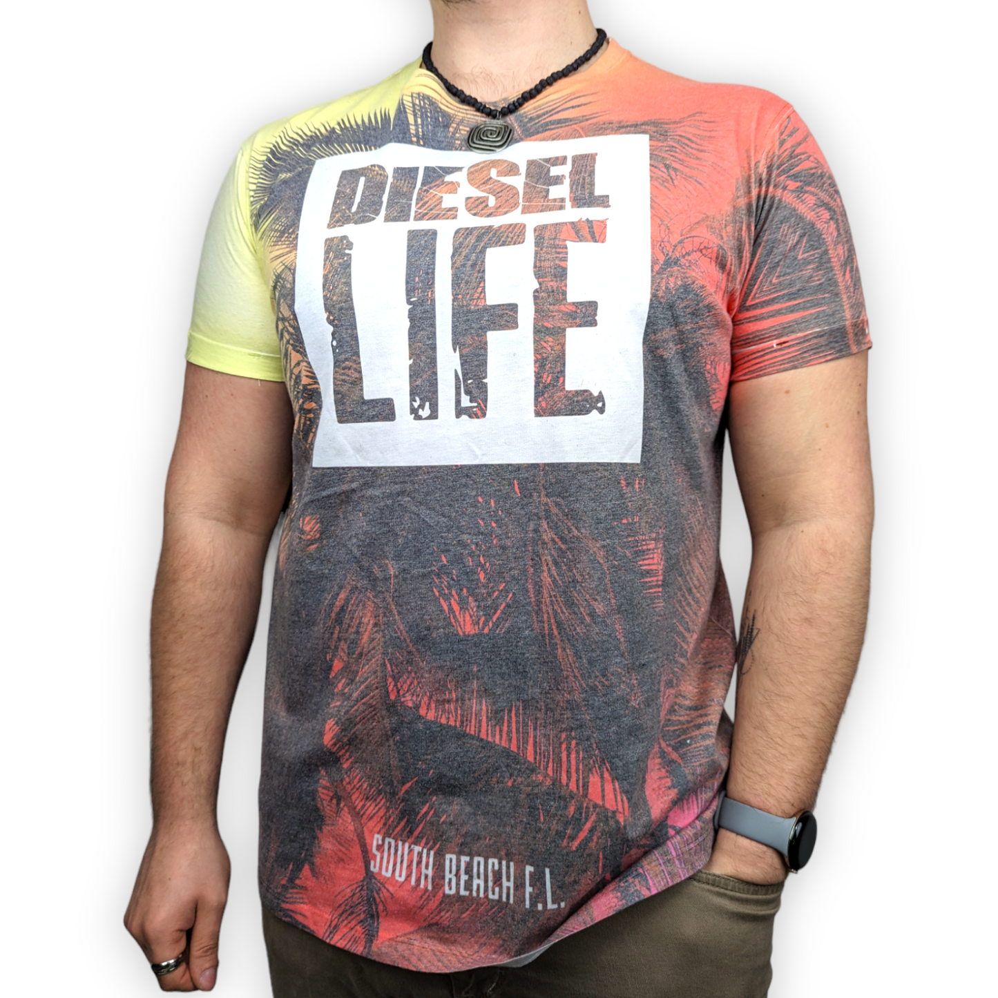 Diesel Life South Beach F.L. Multicolour Palm Tree Print T-shirt Men Large