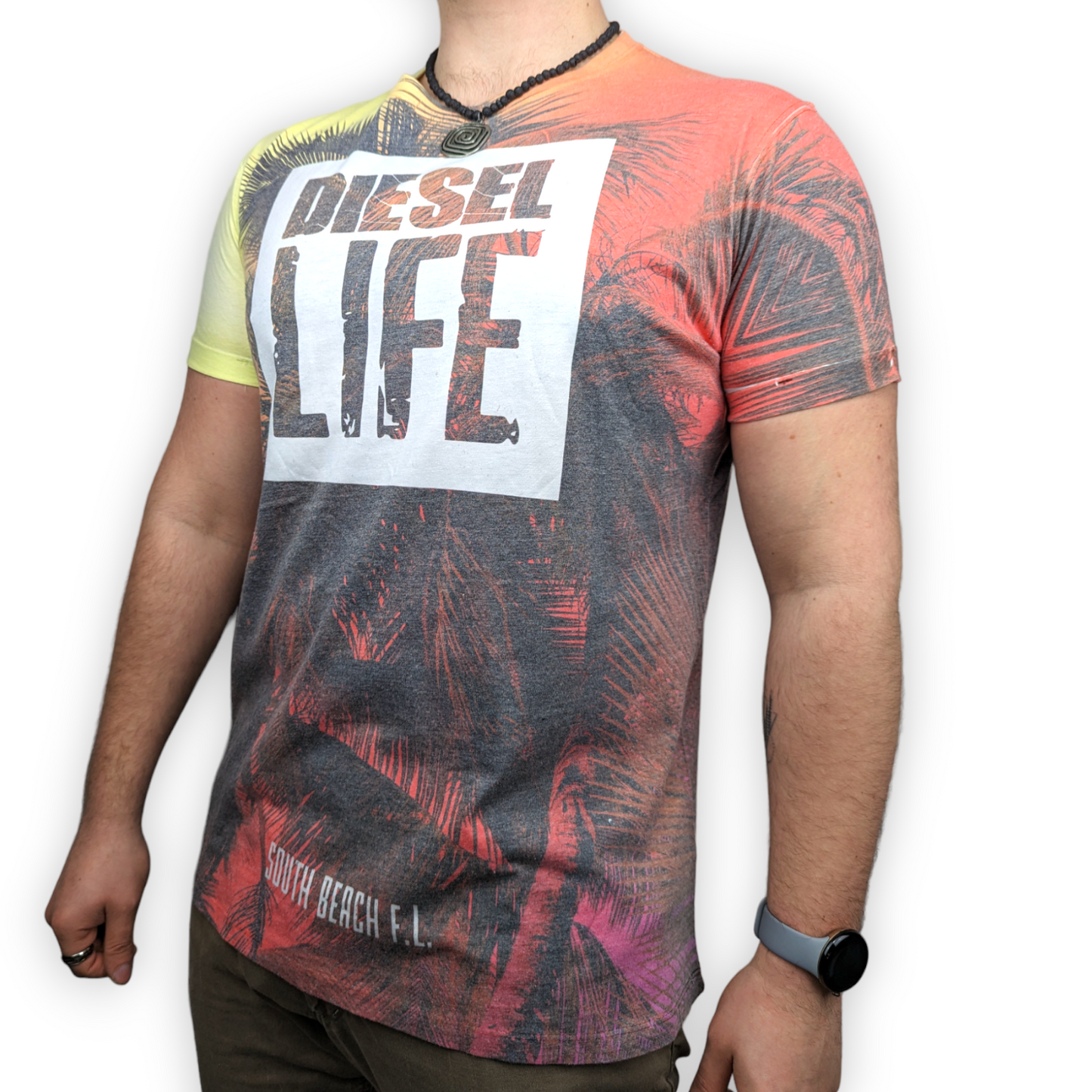 Diesel Life South Beach F.L. Multicolour Palm Tree Print T-shirt Men Large