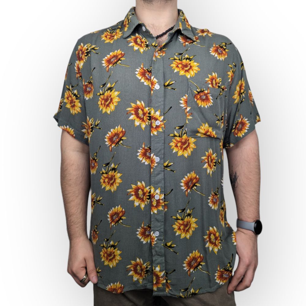 Fashion Vintage Grey Sunflower Print Short Sleeve Casual Shirt Men Size Large
